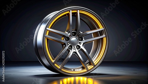 Close‑up polished silver car wheel rim, five‑spoke design, glowing yellow LED edges, detailed reflections, automotive craftsmanship precision.