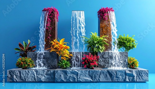 Three vertical garden fountains with cascading water, colorful plant clusters, geometric stone bases, vibrant natural contrast against bright blue background.