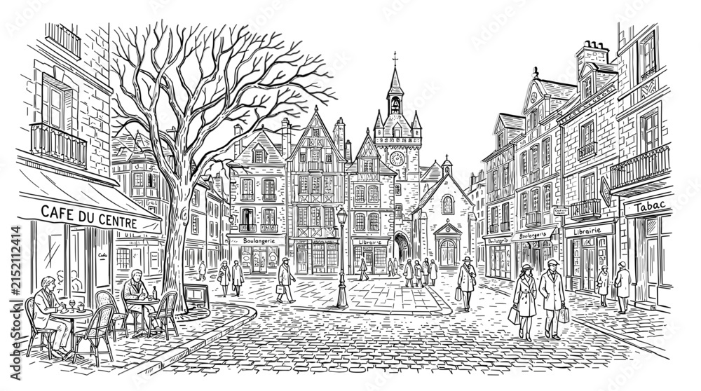 Fototapeta premium Hand Drawn European Old Town Square Illustration Featuring Cobblestone Street, French Cafe Du Centre, Bakery, Clock Tower, and Pedestrians in Classic Black and White Line Art Style