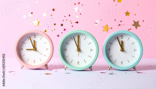 Three pastel analog clocks with gold hands, festive confetti and stars, celebratory atmosphere, symbolic representation of time and events.