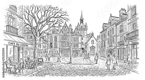 Hand Drawn European Old Town Square Illustration Featuring Cobblestone Street, French Cafe Du Centre, Bakery, Clock Tower, and Pedestrians in Classic Black and White Line Art Style