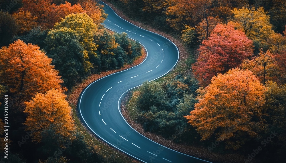 Obraz premium Aerial Drone View Of A Meandering Winding Paved Road Through A Beautiful Lush Colorful Autumn Forest