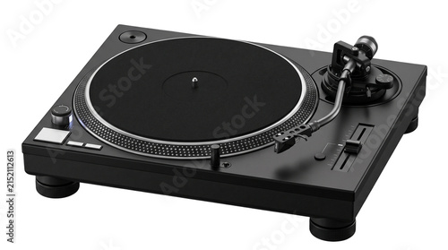 Professional black vinyl turntable, modern dj record player with tonearm, analog audio equipment for music production and club performance isolated PNG with Transparent Background