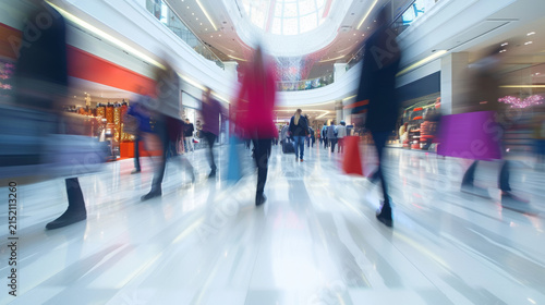 Blurred view of shoppers walking through a modern shopping center with bright lighting and retail stores visible in the background