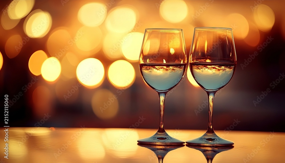 Fototapeta premium Two Elegant Crystal Wine Glasses Filled With Refreshing White Wine Surrounded By Soft Candlelight