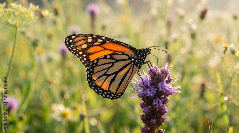 Obraz premium Monarch butterfly in natural meadow pollinating a vibrant purple flower during a sunny spring day, showcasing delicate wings.