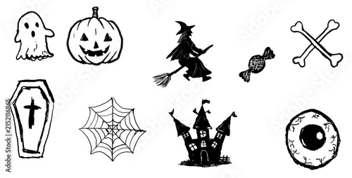 Cuadro en lienzo Set of handdrawn halloween icons including ghost, pumpkin, witch, candy, bones,