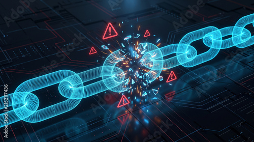 Cybersecurity Breach and Supply Chain Disruption Concept Showing Breaking Digital Chain with Alert Symbols