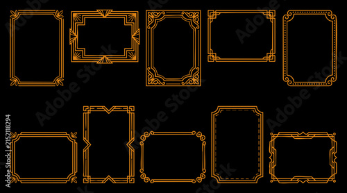 Golden art deco border collection featuring various elegant geometric frame styles for professional graphic design projects