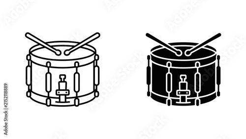 Snare drum and drumsticks set in line art and silhouette