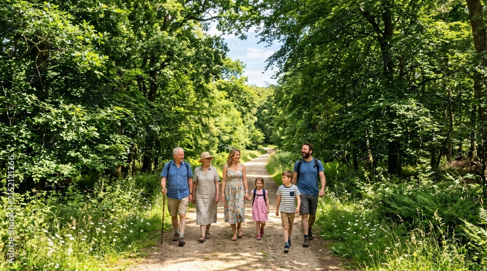 Fototapeta premium Multi-generational family walking together along a sunny forest path, enjoying a summer outdoor hike for Grandparents Day.