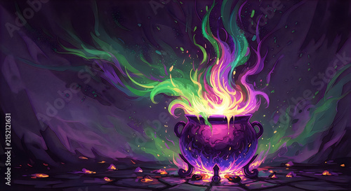 Magical cauldron bubbling with colorful potion and swirling smoke illustration