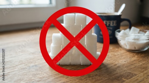 White sugar cubes stacked with bold prohibition symbol overlay on wooden surface with placed wooden table near container granulated sugar dark mug