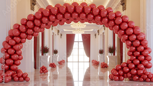 Luxury Grand Hall with Red Balloon Arch and Elegant Event Decoration