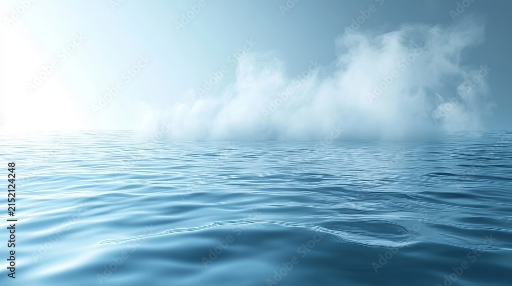 Naklejka premium Abstract ethereal landscape featuring soft blue mist rising over calm rippled ocean surface water.