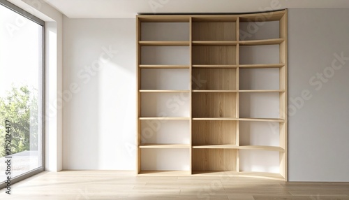 Empty wooden shelving unit with U‑shaped arrangement, light natural finish, clean organized storage space, modern interior design concept.