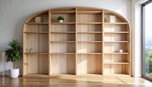 Empty wooden shelving unit with U‑shaped arrangement, light natural finish, clean organized storage space, modern interior design concept.