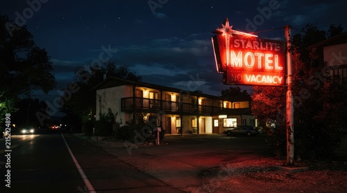 Vintage motel exterior under nighttime neon sign illumination with balconies with evoking nostalgic slightly mysterious atmosphere along quiet roadside