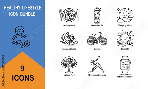  Healthy Lifestyle Line Art Icon Set for Fitness Wellness and Daily Habits

