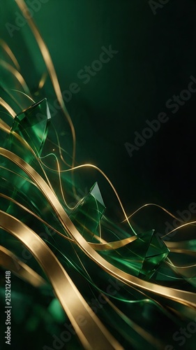 Golden Flowing Ribbons on Emerald Green Background