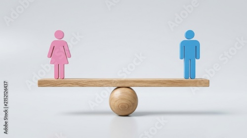 Pink and blue human figures balancing on a wooden seesaw representing gender equality