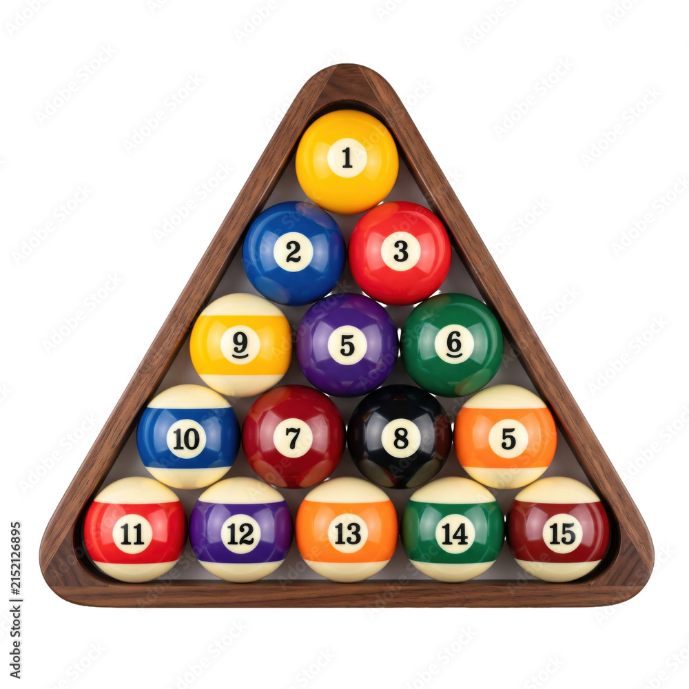 Full rack of numbered billiard balls arranged in a triangle on a white background