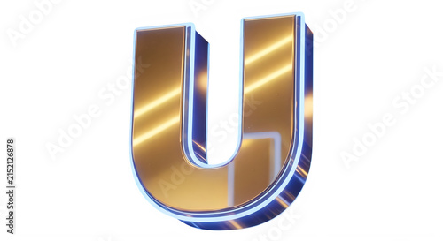 Shiny golden reflective letter U isolated graphic design element transparent background