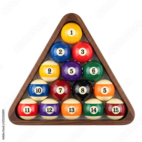 Fotografía Full rack of numbered billiard balls arranged in a triangle on a white backgroun