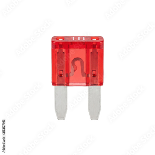 Cuadro en lienzo Red 10 amp automotive fuse with metal prongs on a clean white background