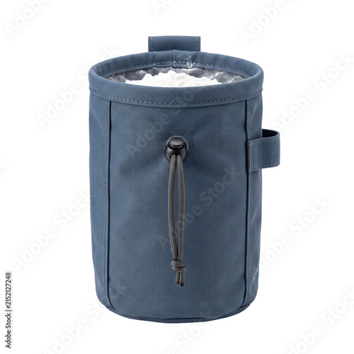 Foto Blue chalk bag with drawstring and white powder for climbing and bouldering