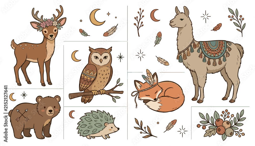 Naklejka premium Woodland Animal Illustration Set with Deer, Owl, Fox, Llama, Bear, Hedgehog, Moon, Feathers, Acorns, Flowers, and Botanical Nature Elements