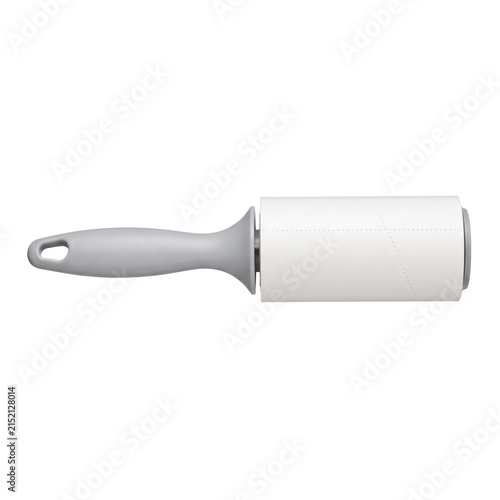Fotografie Lint roller with a grey handle and white sticky paper roll on an isolated backgr