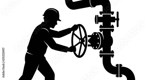 Industrial worker silhouette turning pipe valve