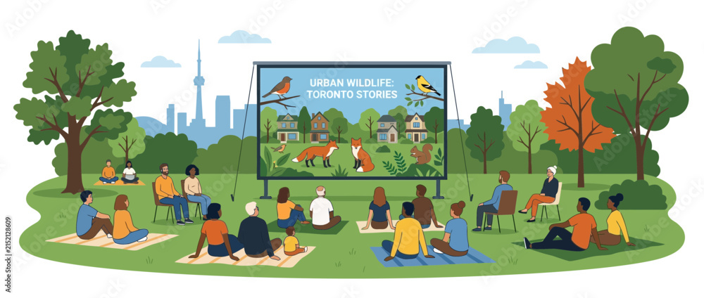 Fototapeta premium Diverse People Watching Outdoor Movie About Urban Wildlife in Toronto Park