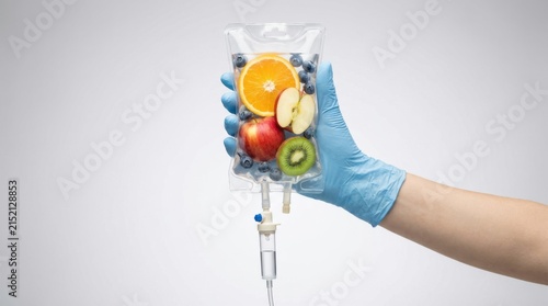 Hand in medical glove holding IV bag filled with fresh fruit for vitamin therapy concept