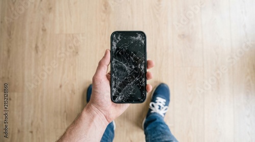 Hand holding a smartphone with a shattered screen display for repair service concept