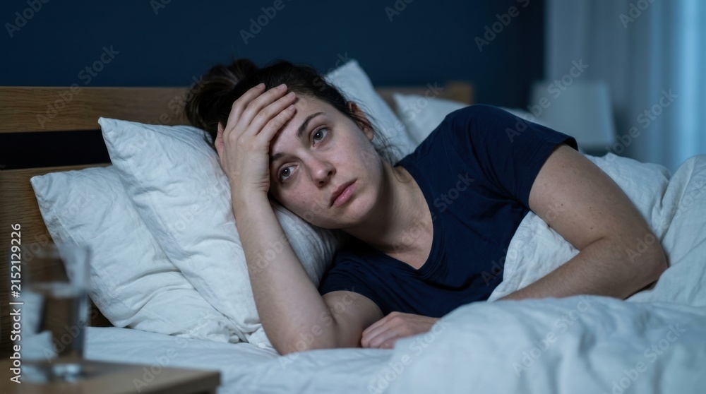 Obraz premium Stressed woman suffering from insomnia lying awake in bed at night