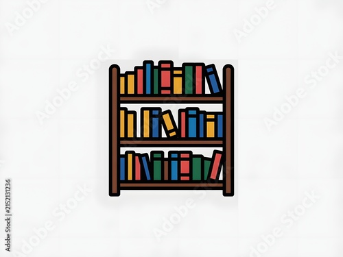 A colorful bookshelf filled with various stacked books in an organized manner