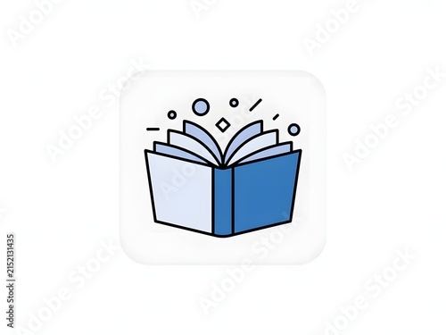 A stylized illustration of an open book with a blue cover and white pages floating in space