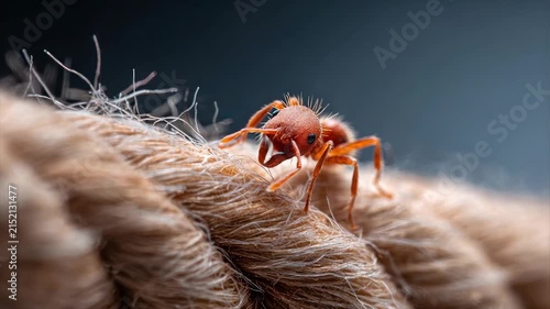 A macro shot showcases a red ant on a rough rope with an out-of-focus blue backdrop