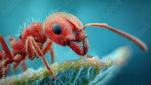 A macro shot of a red ant's head, showing intricate details, on a fuzzy green leaf