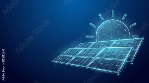Holographic Solar Panels and Sun Illustration symbolizing renewable energy and clean power generation