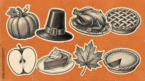 Thanksgiving sticker collection in monochrome engraving style on orange background featuring pumpkin pilgrim hat roasted turkey pie slices apple and maple leaf for holiday graphic.