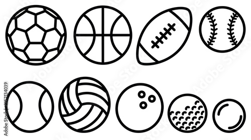 Diverse sports ball collection line icons.
