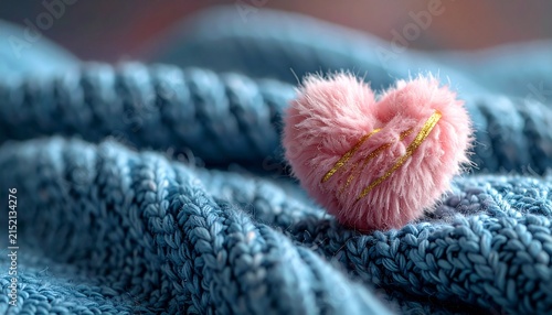 Small fuzzy pink heart with gold diagonal stripes, resting on woven blue fabric, cozy decorative textile composition.