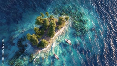 Aerial view of a tropical island with lush green trees, white sand, and boats