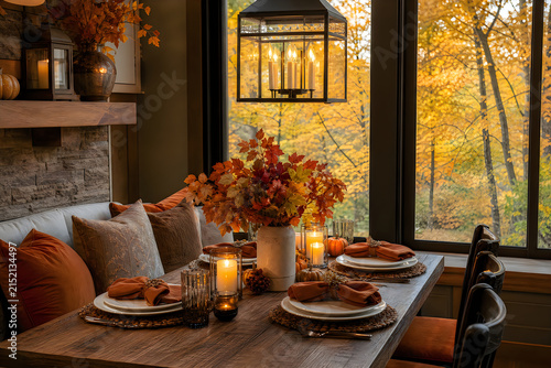 Fall dining room setup features warm orange pillows and rustic wooden table adorned with autumn leaves and candle lanterns overlooking vibrant golden trees through large windows.