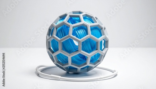 Spherical lattice honeycomb object with blue core, white cable, modern 3D‑printed design, intricate geometric electronic device concept.