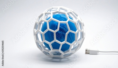 Spherical lattice honeycomb object with blue core, white cable, modern 3D‑printed design, intricate geometric electronic device concept.