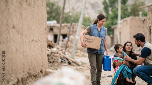 Female Humanitarian Aid Worker Delivering Emergency Supplies and Water to a Family in a Rural Village